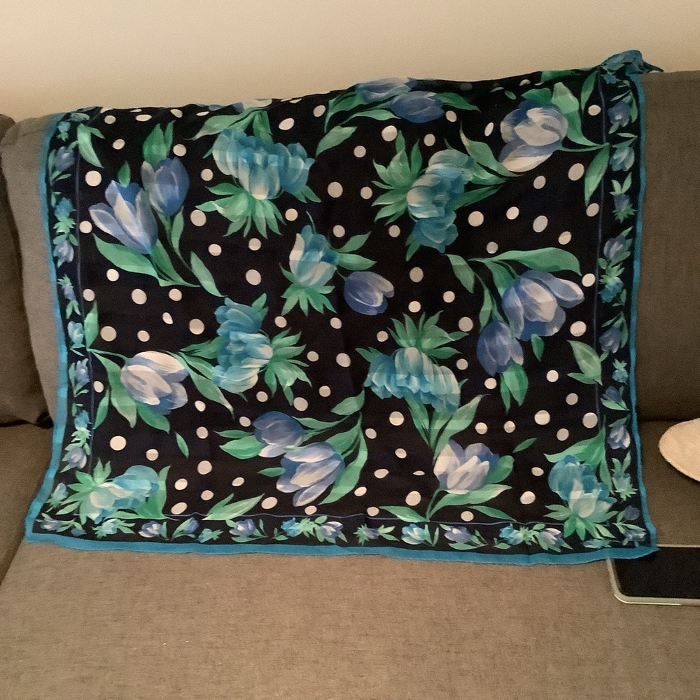 Floral Black and Blue Scarf.  31” square.  NEW